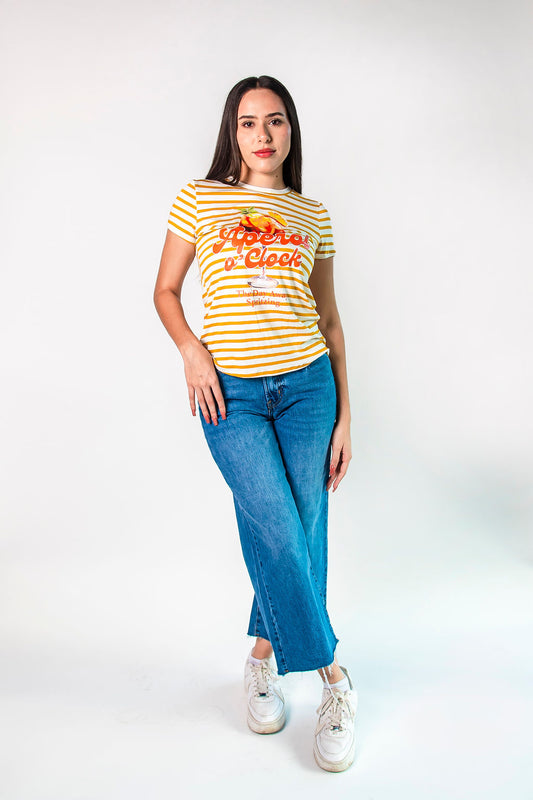 Playera rayas amarillas con blanco, aperol o`clock