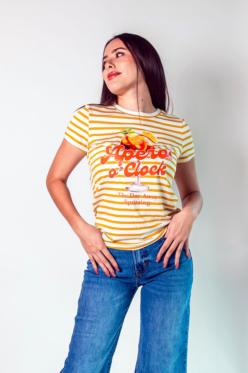 Playera rayas amarillas con blanco, aperol o`clock