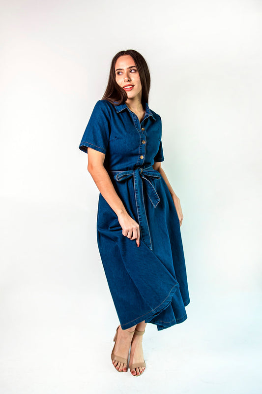Vestido de mezclilla manga corta con cinturón FD1023