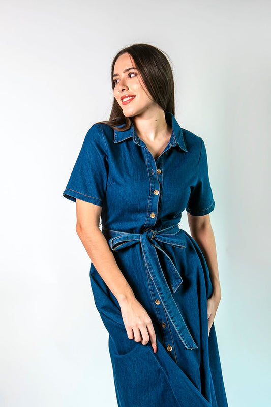 Vestido de mezclilla manga corta con cinturón