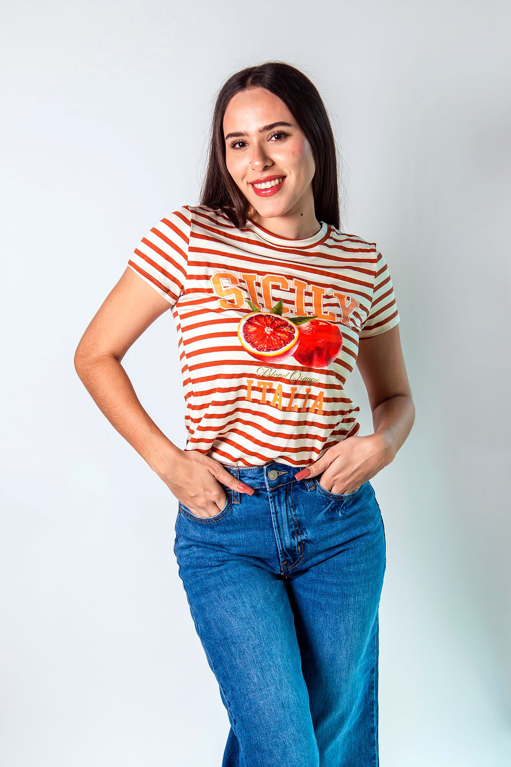 Playera rayas rojas con blanco y pomelos sicilianos
