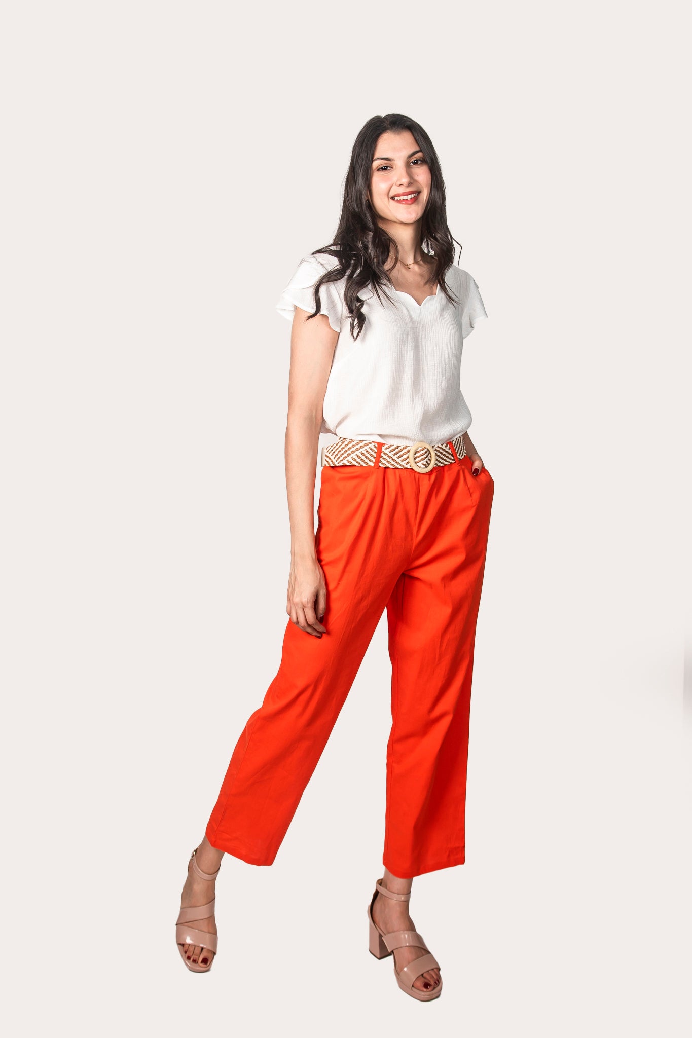 Pantalón de algodón naranja con cinto café 43071p