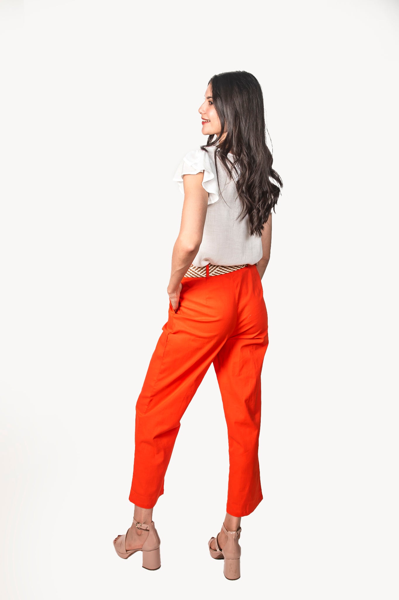 Pantalón de algodón naranja con cinto café 43071p