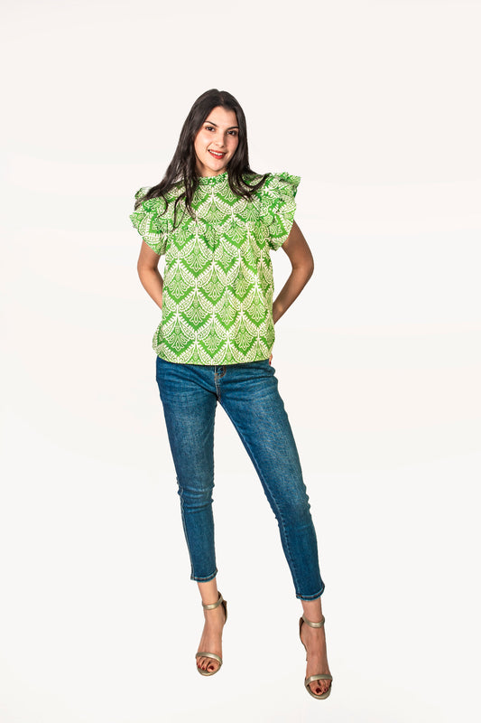 Blusa con detalle en manga y cuello alto verde con blanco It13461