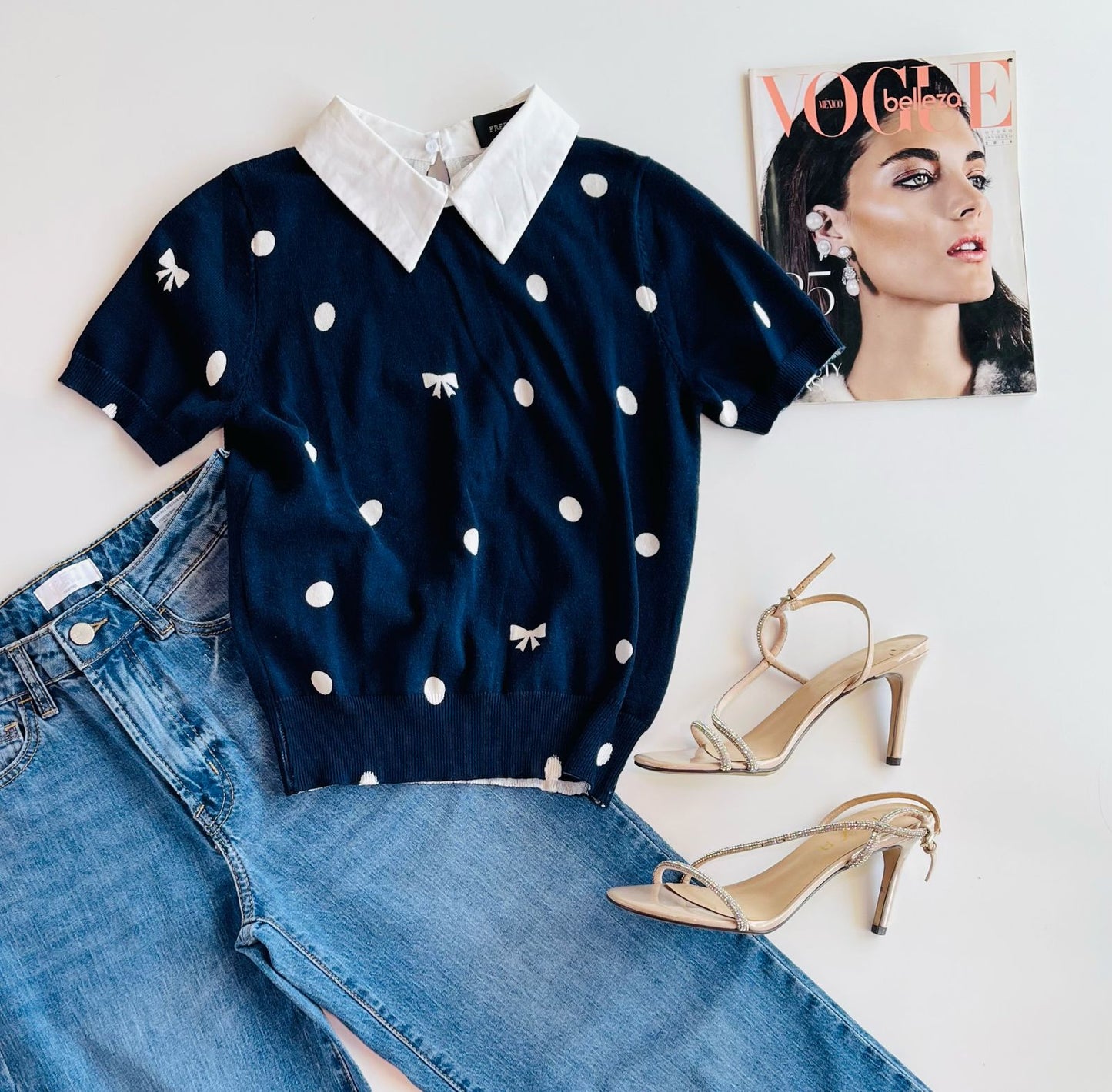 Blusa de manga corta con cuello mariquita estampada Fsw1216