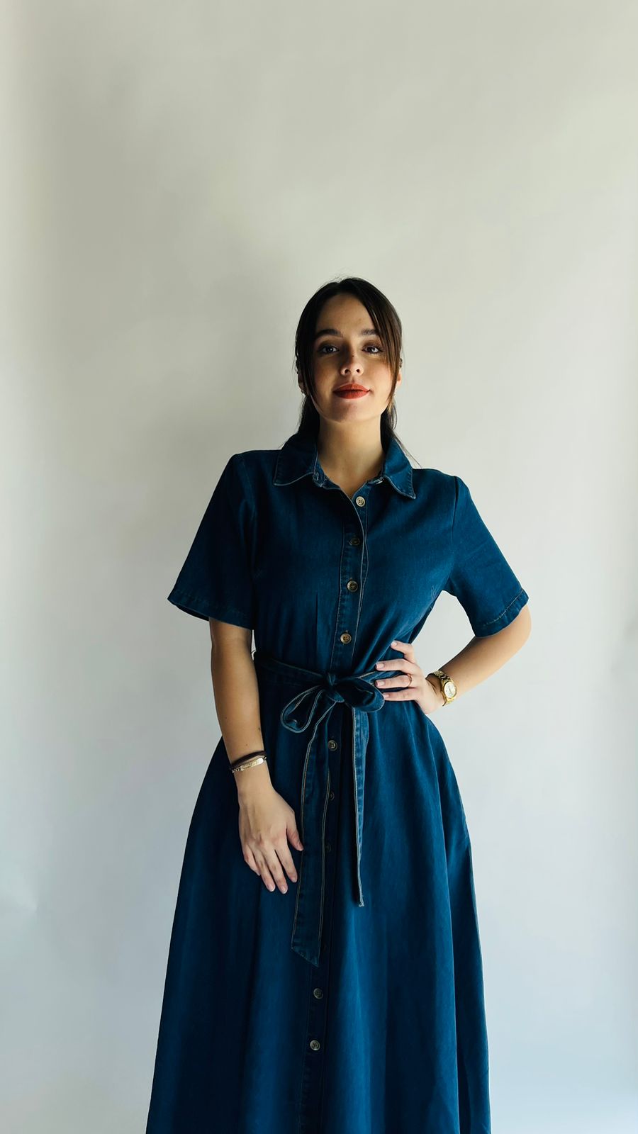 Vestido de mezclilla manga corta con cinturón
