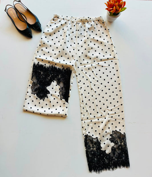 Beige Botany Pantalón satin polka dots con encaje A4463P
