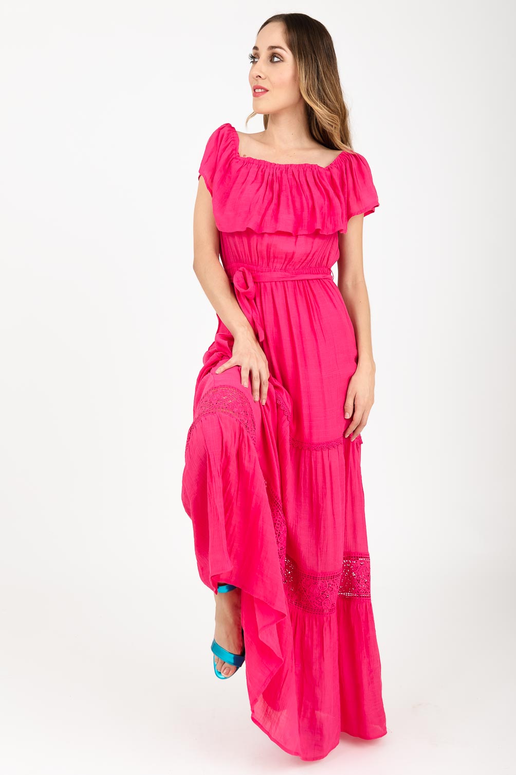 Vestido campesino largo fuccia