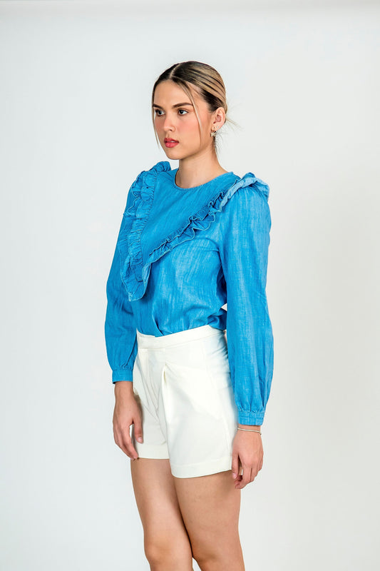 Blusa de mezclilla manga larga con olan al frente