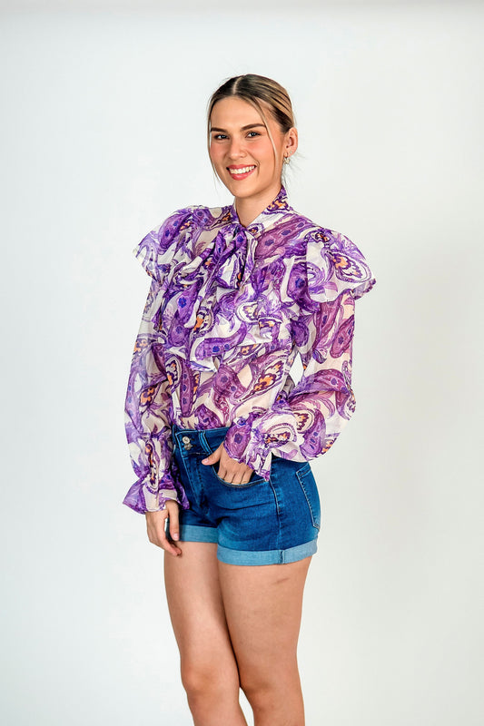 Blusa de manga larga con estampado morado