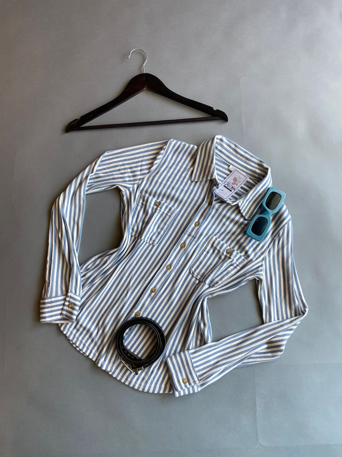 CR2377 Blu Papper Camisa de Botón, Manga Larga de Rayas