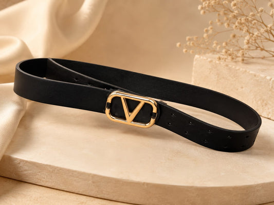 IW33209 Cinturón negro liso con hebilla rectangular y letra V