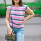 Blusa a rayas rosas y azules con olan en hombro