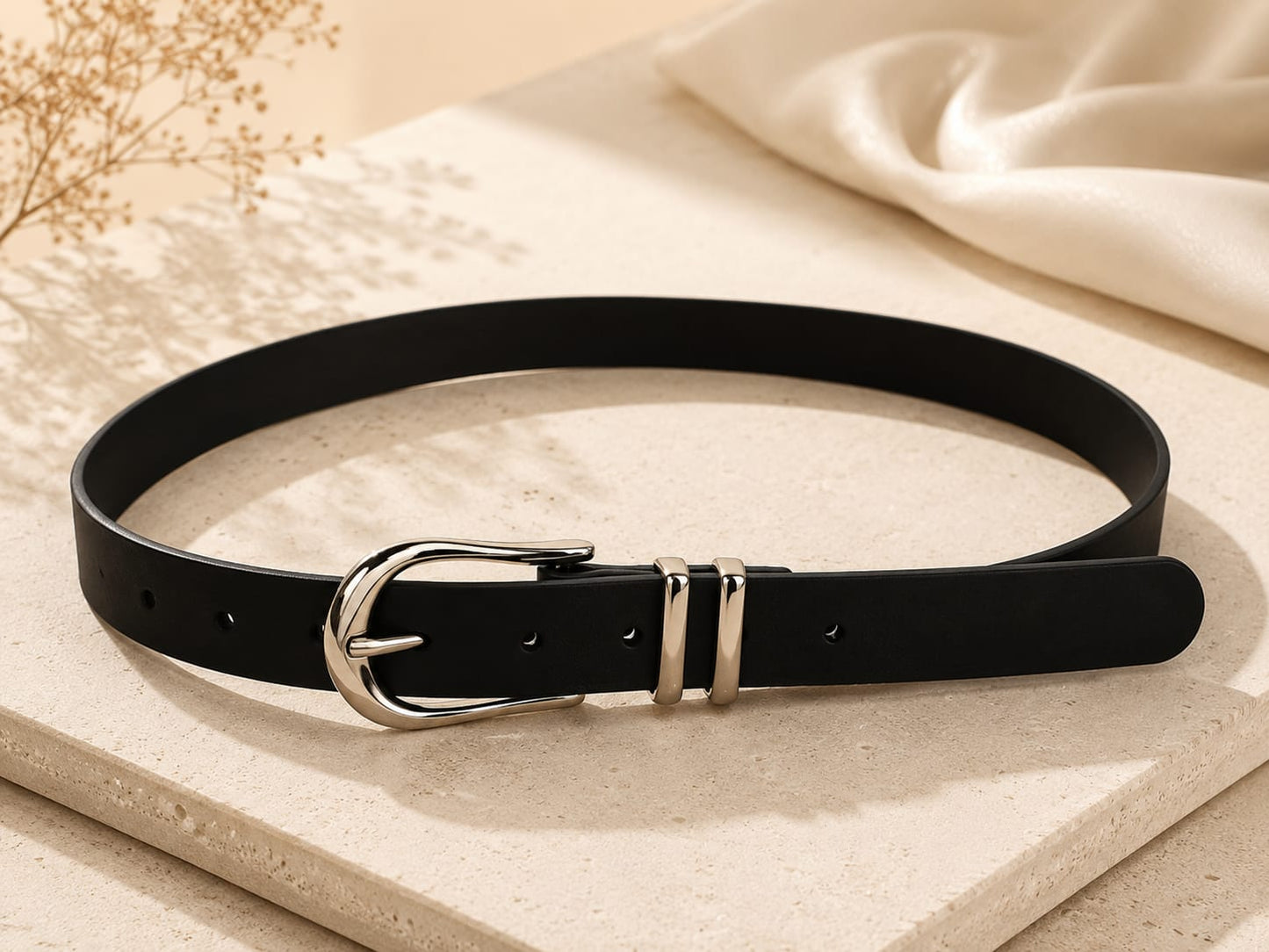 IW30026 Cinturon negro liso con doble pasador dorado