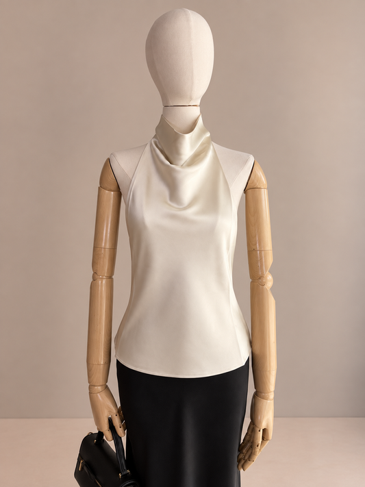 Miss Love Blusa Satin Lisa Cuello Alto Descubierto de la Espalda T5860
