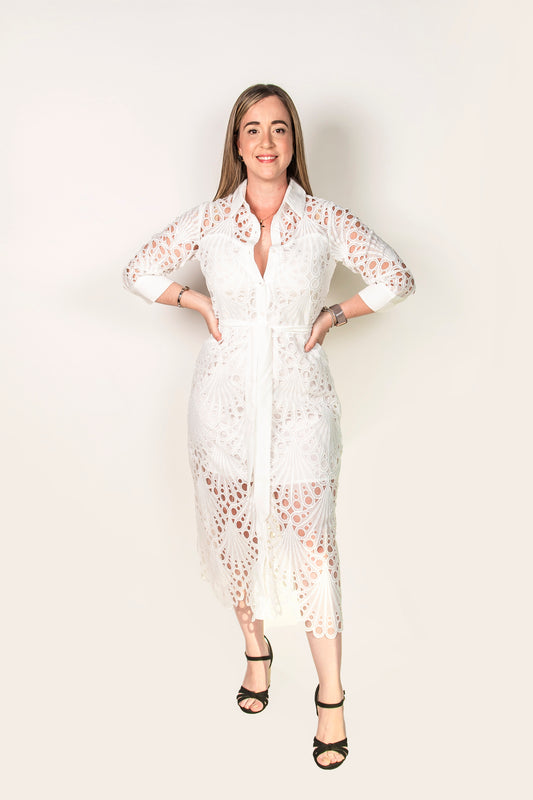 Vestido blanco de manga 3/4 con forro y crochet SD5606