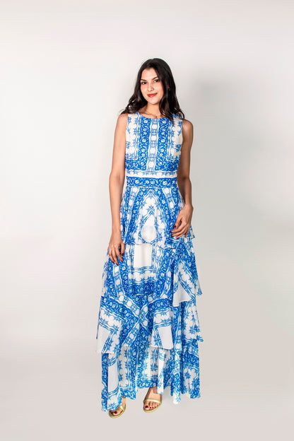 Vestido largo azul talavera con varias caídas Id21957