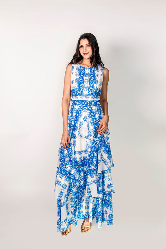 Vestido largo azul talavera con varias caídas ID21957