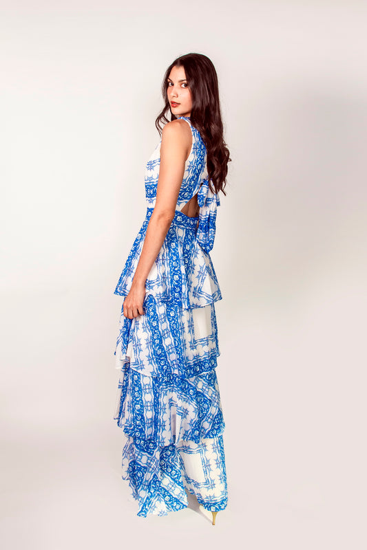 Vestido largo azul talavera con varias caídas ID21957