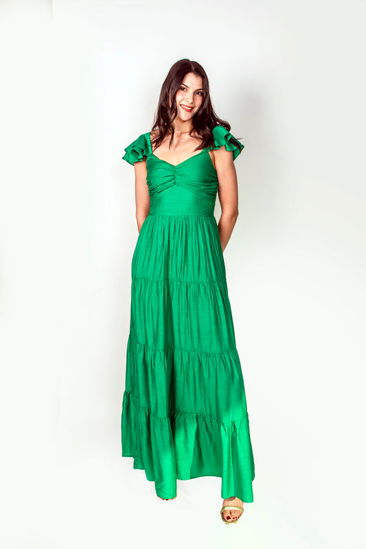 Vestido verde largo con drapeado al frente y detalle en mangas ID19329