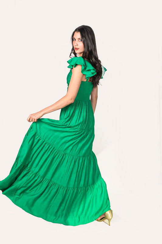 Vestido verde largo con drapeado al frente y detalle en mangas ID19329