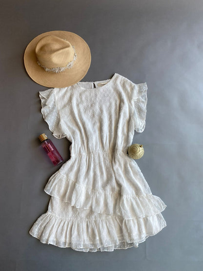 DK7190 EE SOME Vestido blanco largo con Olanes y Elástico en Cintura