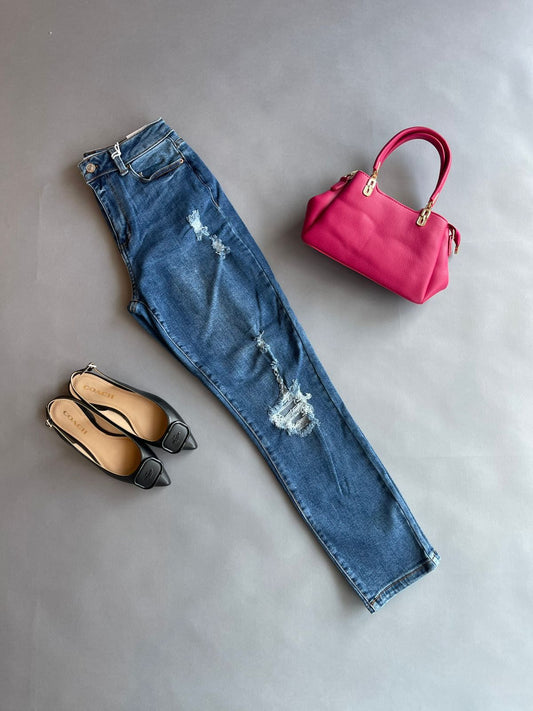 90250 WAX Pantalón Roto de las Rodillas Entubado y desgarre en pierna