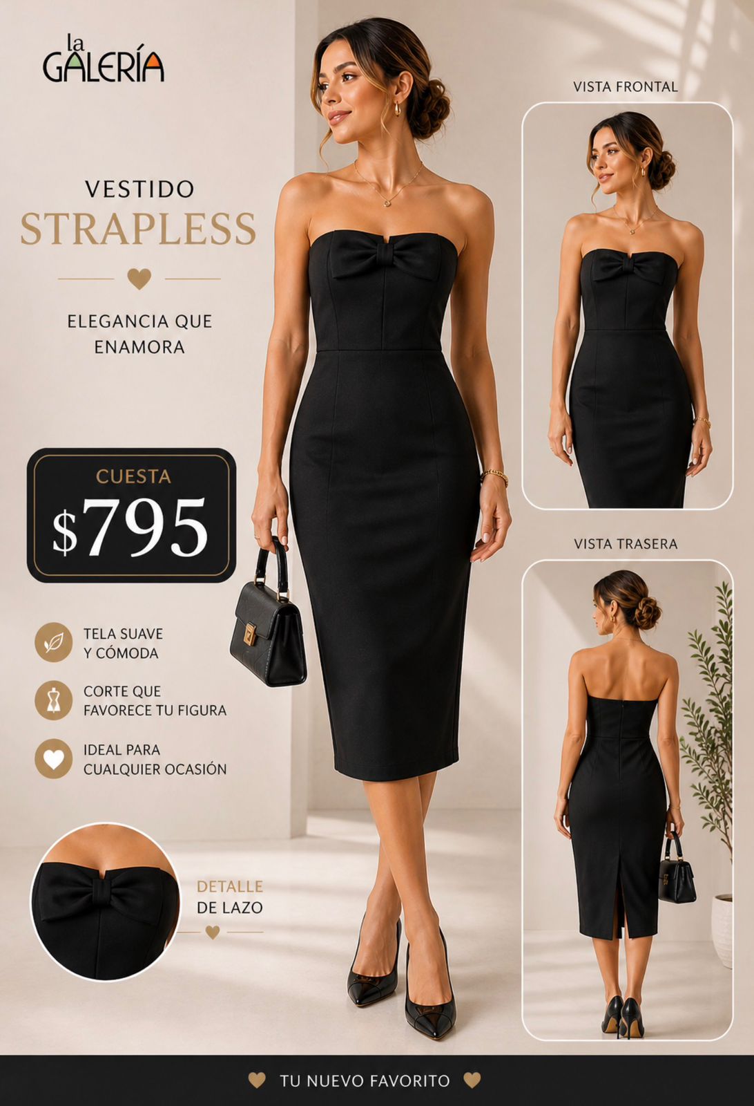43685DL MILK&HONEY Vestido Negro  Straple con Moño al Frente y Abertura Atrás