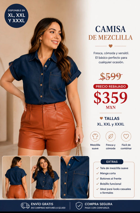 Z316 La Reyna fashion Camisa de mezclilla manga corta
