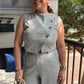 Linzy Set de rayas blancas con azul y botones dorados SET3128