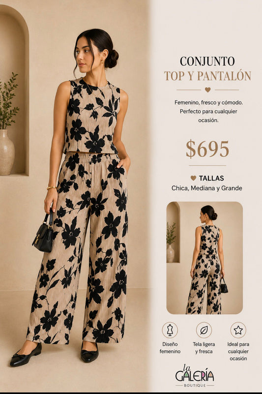 Conjunto top y pantalón beige con estampado floral 1679511