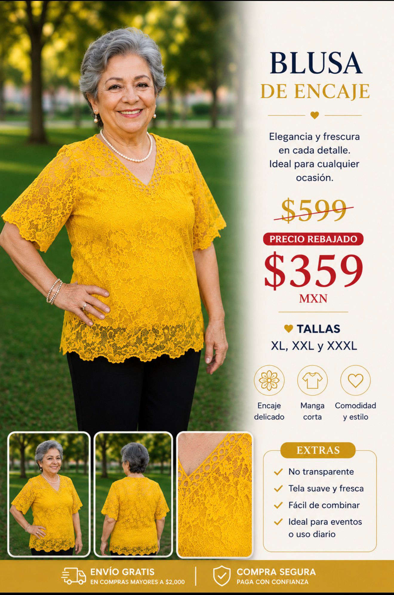 2042X Blusa de encaje con manga corta tallas extra