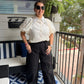 Linzy Blusa de encaje con detalles en el cuello de perlas T5891