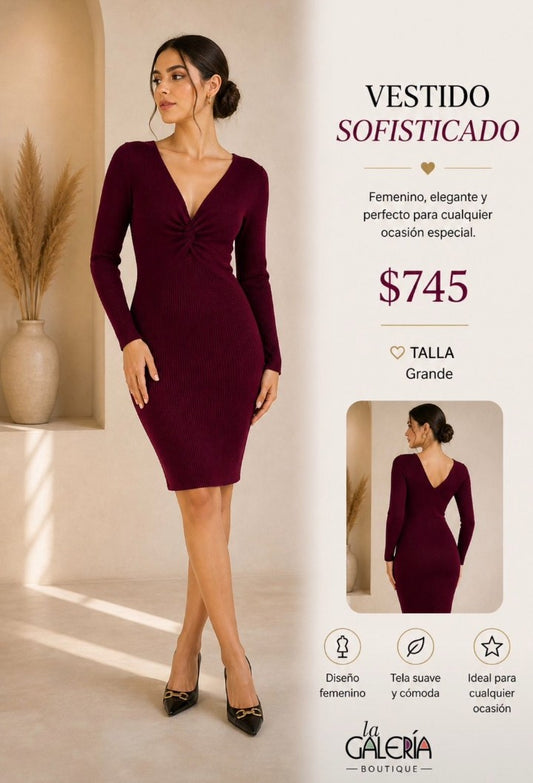 Vestido con twist al frente y manga larga ISW1574