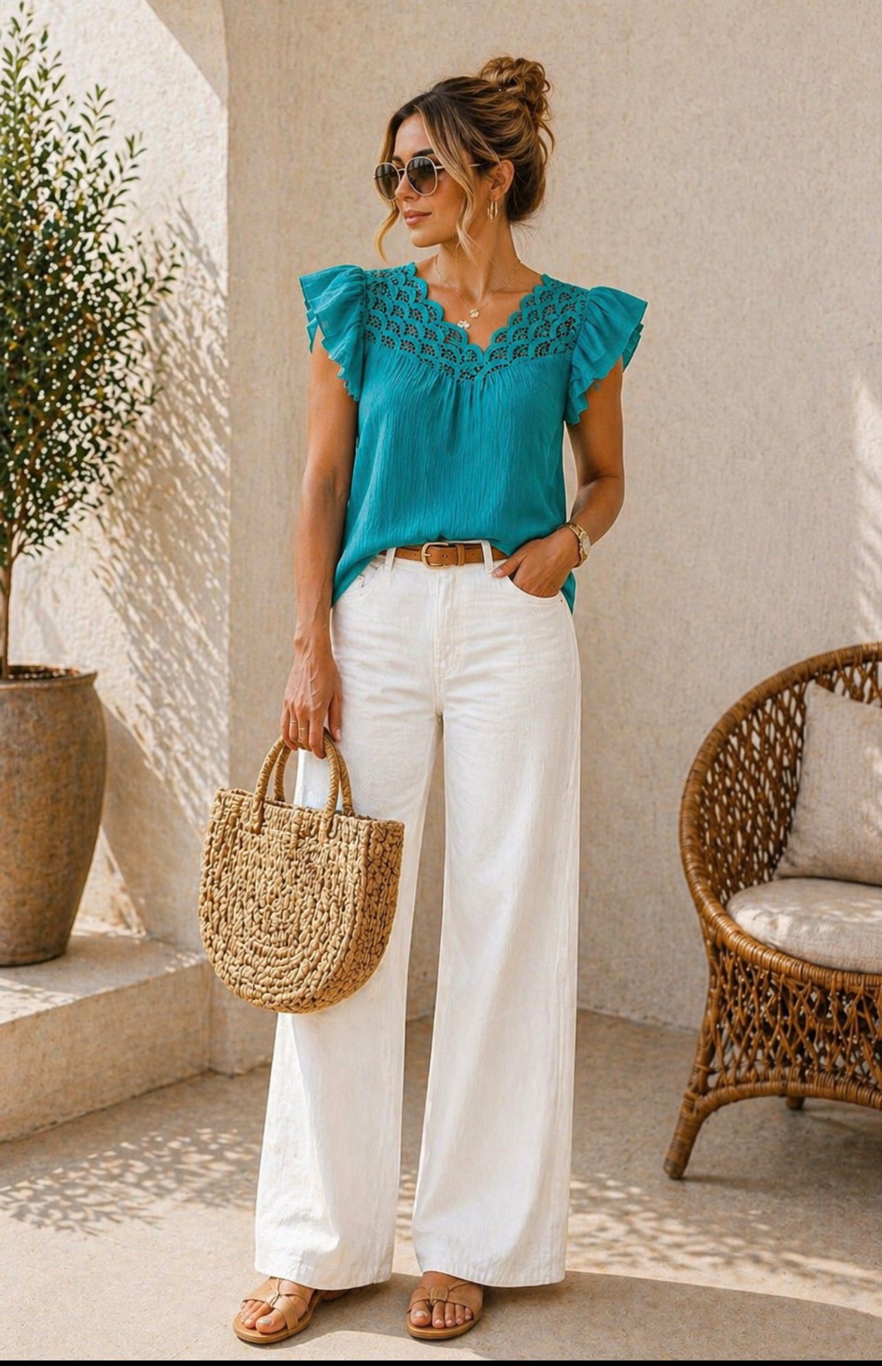 Blusa de manga corta con detalle de crochet al frente cuello v Tb8512