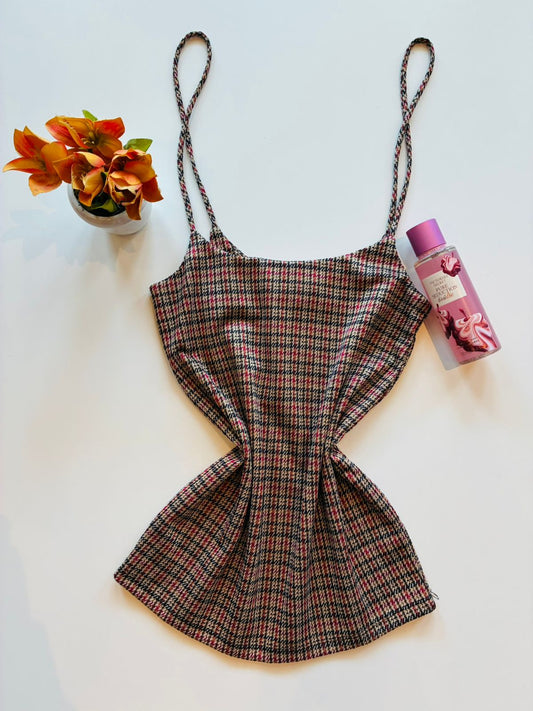 Vestido corto de tirantes estampado tipo tweed D12468