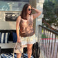 Beige Botany Blusa de satín de tirante con encaje arriba M0033T