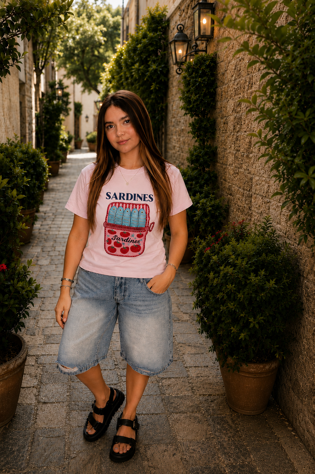 Over Appareal Playera con estampado de Sardinas T9008