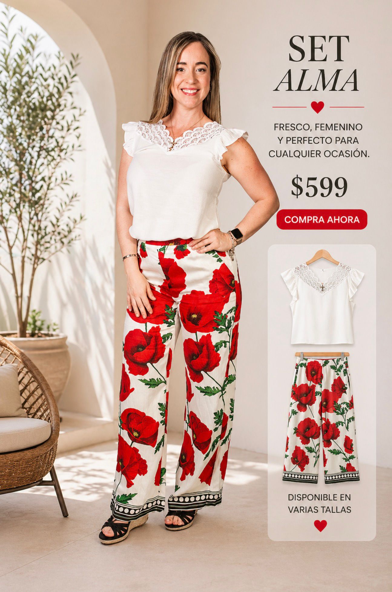 Pantalón estampado de flores rojas 42169p