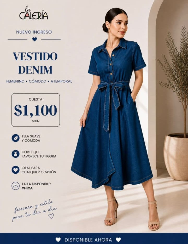 Vestido de mezclilla manga corta con cinturón FD1023