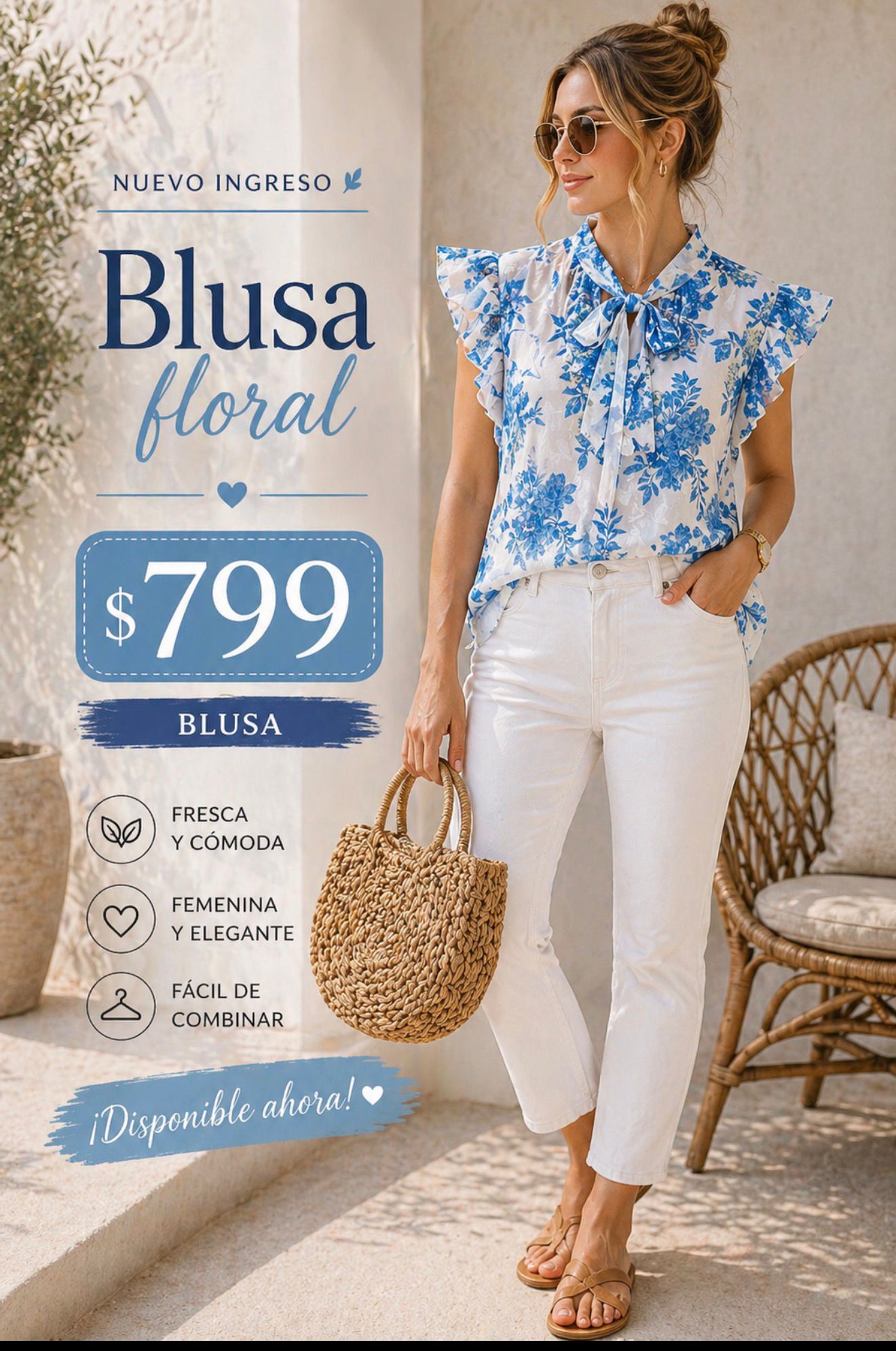 Blusa azul con blanco detalle de moño al frente It13616
