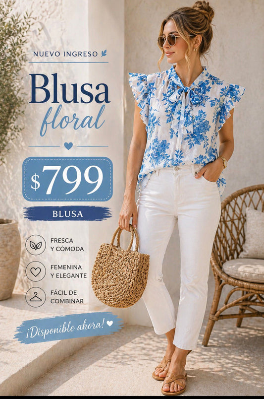 Blusa azul con blanco detalle de moño al frente It13616