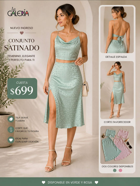 TK7074 EE SOME Conjunto de Top y Falta Satinada con Abertura Rosa