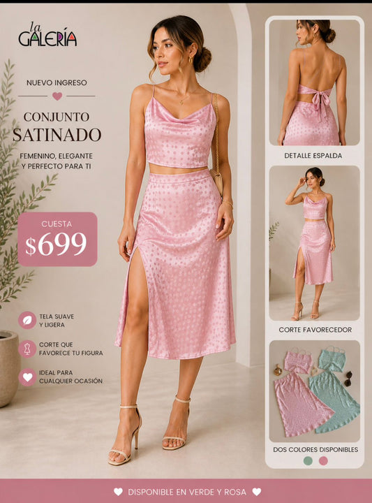TK7074 EE SOME Conjunto de Top y Falta Satinada con Abertura Rosa